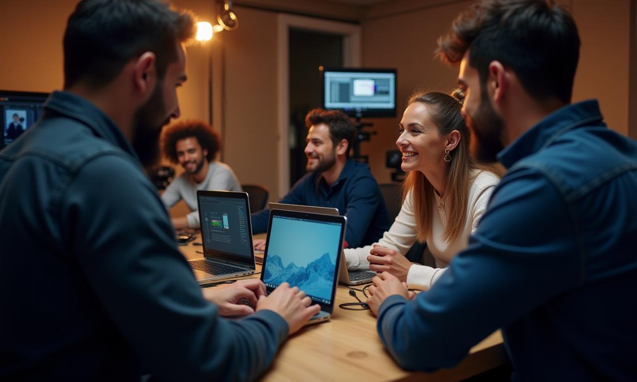 Équipe de Savoir Connecté travaillant sur des ordinateurs et caméras